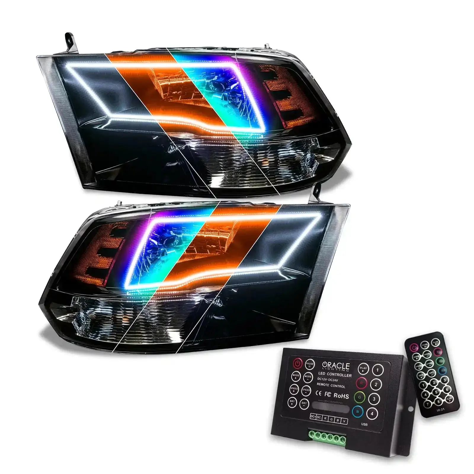 ORACLE Lighting 2009-2018 RAM ColorSHIFT Switchback Quad Pre-Assembled Halo Headlights - Black Housing - Image 30