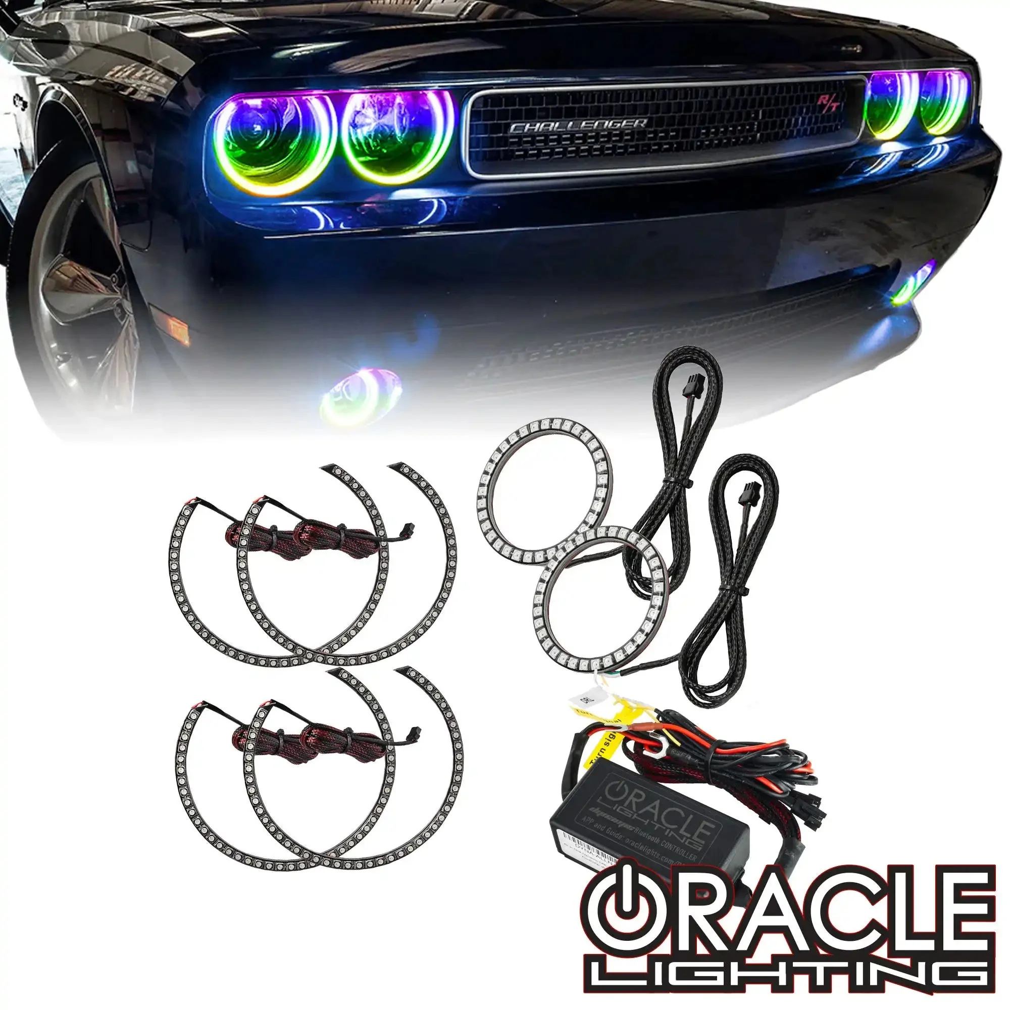 2008-2014 Dodge Challenger Dynamic ColorSHIFT Surface Mount Headlight & Fog Light Halo Kit - COMBO